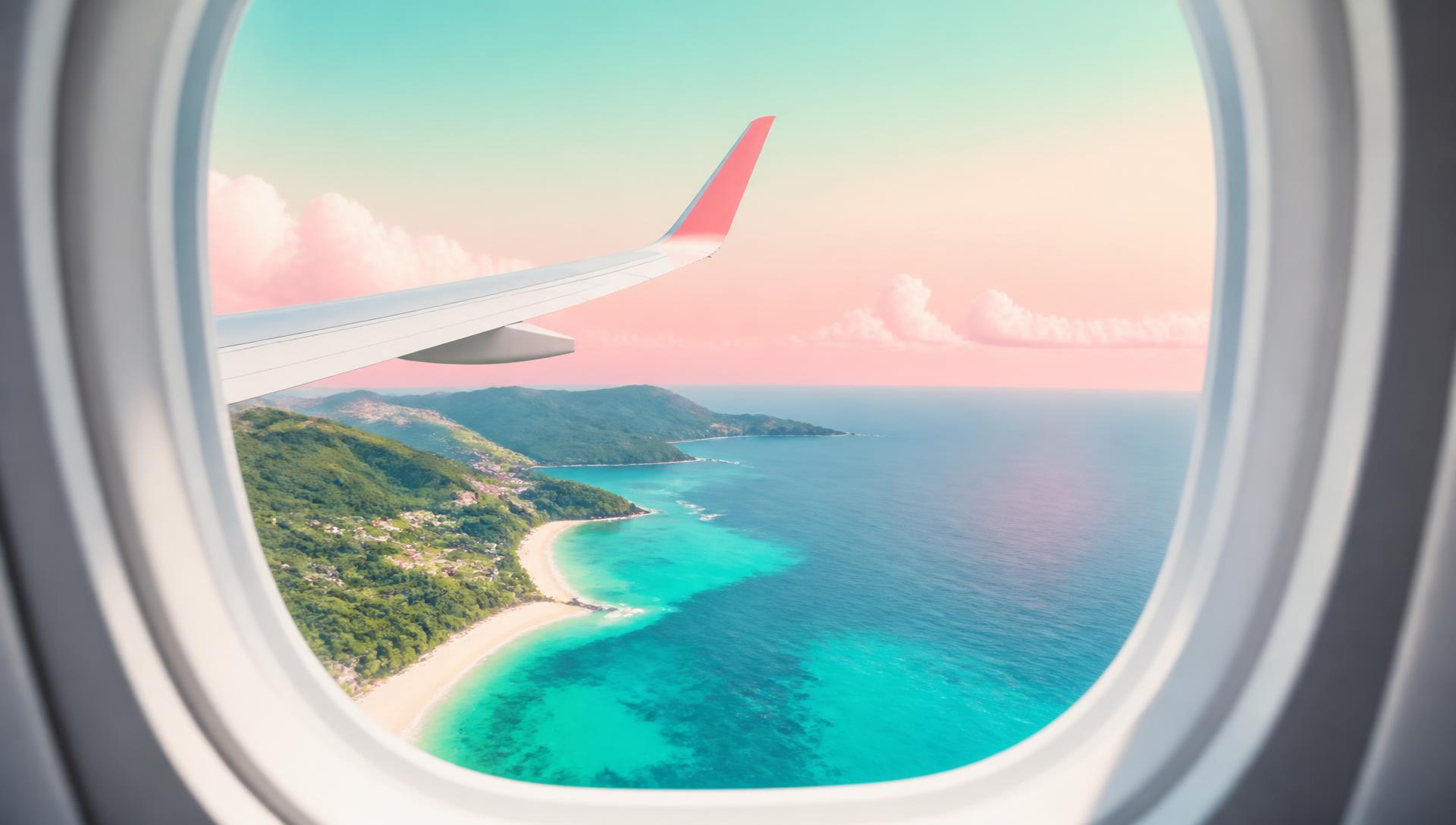 Turquoise coastline seen through an aircraft window under a pink and mint sky